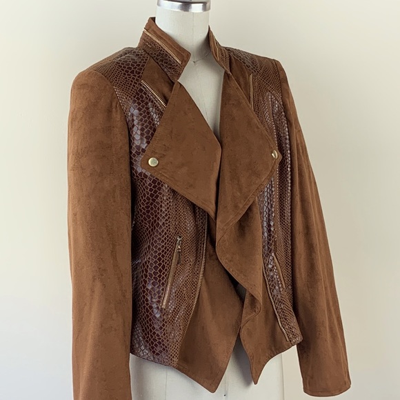Extenzo Paris NWOT Vegan Faux Brown Suede Exotic Leather Jacket French Fashion - Picture 4 of 12